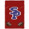 SP Chunky Blanket Knitting Pattern - the South Panola football logo with blue SP letters and brown footballs on a red background, worked in stockinette colorwork intarsia with 4 colors: Red, Blue, White, Brown.