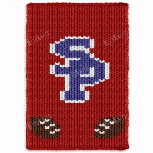 SP Chunky Blanket Knitting Pattern - the South Panola football logo with blue SP letters and brown footballs on a red background, worked in stockinette colorwork intarsia with 4 colors: Red, Blue, White, Brown.