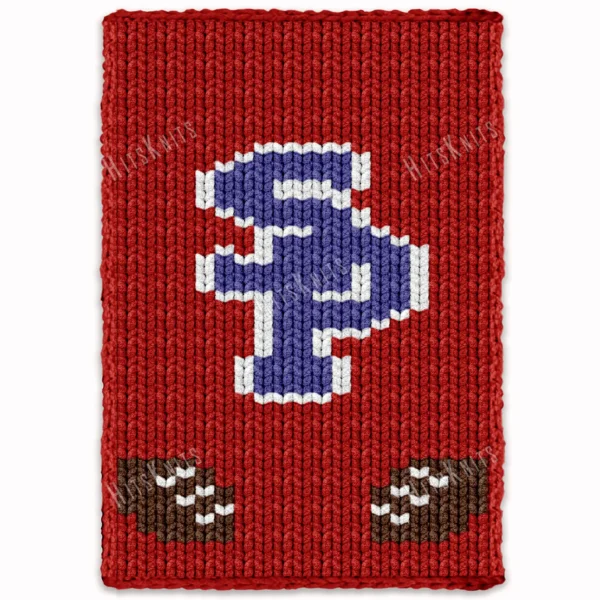 SP Chunky Blanket Knitting Pattern - the South Panola football logo with blue SP letters and brown footballs on a red background, worked in stockinette colorwork intarsia with 4 colors: Red, Blue, White, Brown.