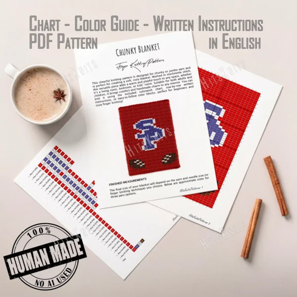 SP Chunky Blanket Knitting Pattern - the South Panola football logo with blue SP letters and brown footballs on a red background, worked in stockinette colorwork intarsia with 4 colors: Red, Blue, White, Brown.