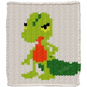Treecko Blanket Finger Knitting Pattern - lime green Treecko Wood Gecko Pokemon with a forest-green tail, red belly, yellow eye markings and black eyes on an ivory background, worked in stockinette colorwork intarsia with 6 colors: Ivory, Lime, Forest, Red, Yellow, and Black.