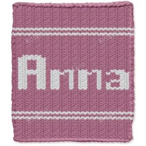 Anna Finger Knit Blanket Pattern - the name ANNA in white block lettering on a pink background with white stripes, worked in stockinette colorwork intarsia with 2 colors: Pink, White.