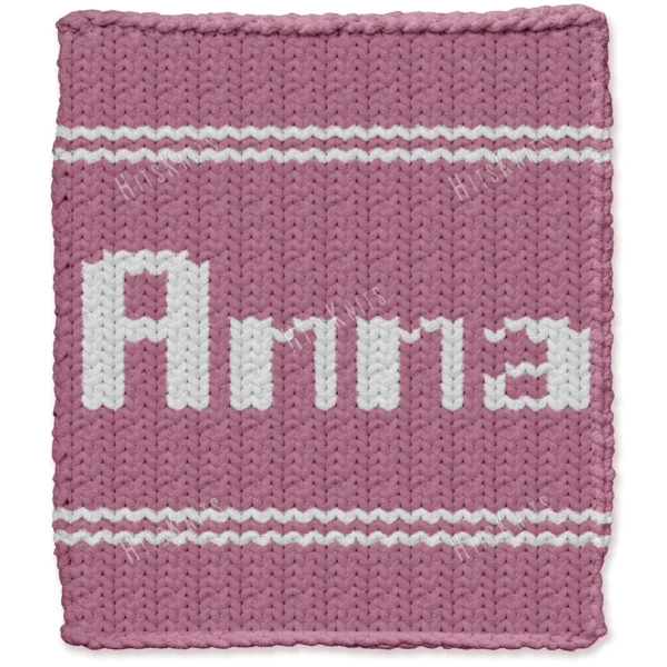 Anna Finger Knit Blanket Pattern - the name ANNA in white block lettering on a pink background with white stripes, worked in stockinette colorwork intarsia with 2 colors: Pink, White.