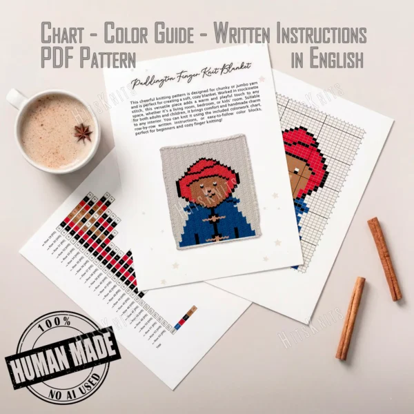 Paddington Bear Finger Knit Blanket Pattern - the storybook brown bear wearing a red hat and blue duffle coat on an ivory background, worked in stockinette colorwork intarsia with 6 colors: Ivory, Blue, Red, Black, Camel, Beige.