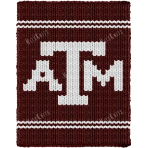 Texas A&M Finger Knit Blanket Pattern - the Aggies interlocking ATM logo in white on a burgundy background with white bands, worked in stockinette colorwork intarsia with 2 colors: Burgundy, White.