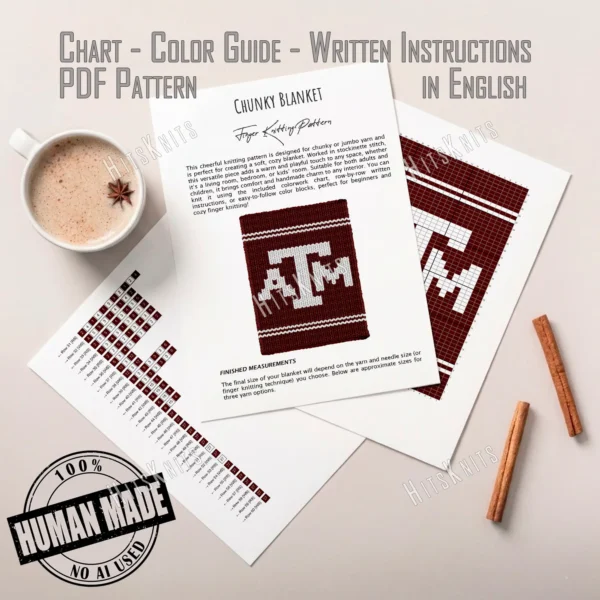 Texas A&M Finger Knit Blanket Pattern - the Aggies interlocking ATM logo in white on a burgundy background with white bands, worked in stockinette colorwork intarsia with 2 colors: Burgundy, White.