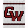 GWU Chunky Throw Knitting Pattern - the Gardner-Webb Bulldogs GWU monogram in red outlined in black on a white background with red and black stripes, worked in stockinette colorwork intarsia with 3 colors: White, Black, Red.