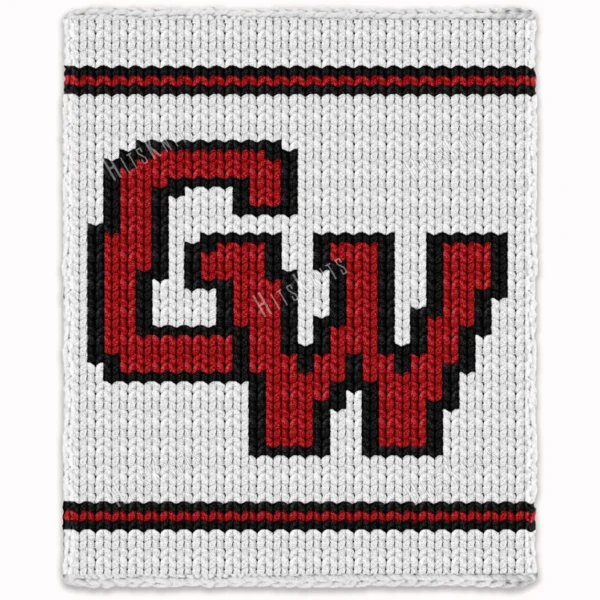 GWU Chunky Throw Knitting Pattern - the Gardner-Webb Bulldogs GWU monogram in red outlined in black on a white background with red and black stripes, worked in stockinette colorwork intarsia with 3 colors: White, Black, Red.