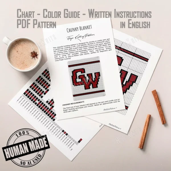 GWU Chunky Throw Knitting Pattern - the Gardner-Webb Bulldogs GWU monogram in red outlined in black on a white background with red and black stripes, worked in stockinette colorwork intarsia with 3 colors: White, Black, Red.