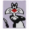 Sylvester the Cat Chunky Knit Blanket Pattern - the Looney Tunes tuxedo cat with black and white fur and a big red nose on a lavender purple background, worked in stockinette colorwork intarsia with 4 colors: Purple, Black, White, Red.