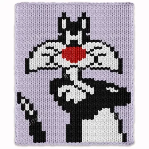 Sylvester the Cat Chunky Knit Blanket Pattern - the Looney Tunes tuxedo cat with black and white fur and a big red nose on a lavender purple background, worked in stockinette colorwork intarsia with 4 colors: Purple, Black, White, Red.