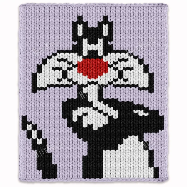 Sylvester the Cat Chunky Knit Blanket Pattern - the Looney Tunes tuxedo cat with black and white fur and a big red nose on a lavender purple background, worked in stockinette colorwork intarsia with 4 colors: Purple, Black, White, Red.
