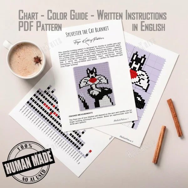 Sylvester the Cat Chunky Knit Blanket Pattern - the Looney Tunes tuxedo cat with black and white fur and a big red nose on a lavender purple background, worked in stockinette colorwork intarsia with 4 colors: Purple, Black, White, Red.
