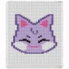 Sandeoki Chunky Blanket Knitting Pattern featuring a smiling purple cat face on a white background, worked in stockinette colorwork intarsia with 5 colors: White, Purple, Violet, Pink, and Black.