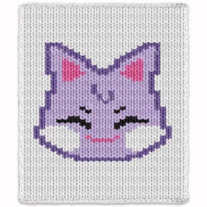 Sandeoki Chunky Blanket Knitting Pattern featuring a smiling purple cat face on a white background, worked in stockinette colorwork intarsia with 5 colors: White, Purple, Violet, Pink, and Black.