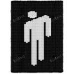 Blohsh Blanket Finger Knitting Pattern - white Blohsh stick-figure logo on a black background, bold high-contrast graphic mood, worked in stockinette colorwork intarsia with 2 colors: Black and White.