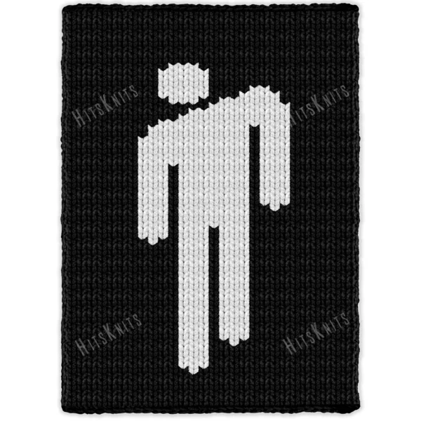 Blohsh Blanket Finger Knitting Pattern - white Blohsh stick-figure logo on a black background, bold high-contrast graphic mood, worked in stockinette colorwork intarsia with 2 colors: Black and White.