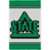 DSU Finger Knit Blanket Pattern - a green star team logo with lettering outlined in black on a white background with green and black stripes, worked in stockinette colorwork intarsia with 3 colors: Green, White, Black.