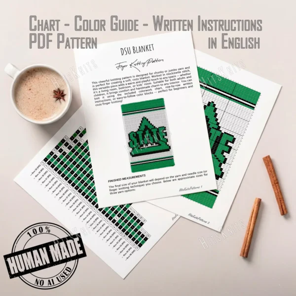 DSU Finger Knit Blanket Pattern - a green star team logo with lettering outlined in black on a white background with green and black stripes, worked in stockinette colorwork intarsia with 3 colors: Green, White, Black.
