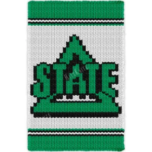 DSU Finger Knit Blanket Pattern - a green star team logo with lettering outlined in black on a white background with green and black stripes, worked in stockinette colorwork intarsia with 3 colors: Green, White, Black.