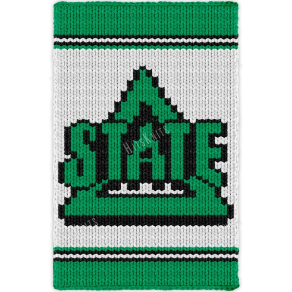 DSU Finger Knit Blanket Pattern - a green star team logo with lettering outlined in black on a white background with green and black stripes, worked in stockinette colorwork intarsia with 3 colors: Green, White, Black.