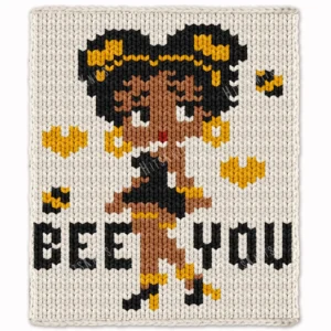 Bee You Chunky Blanket Knitting Pattern - a cute retro Betty Boop style girl in a fashion pose with golden bees and hearts and the words BEE YOU, worked in stockinette colorwork intarsia with 5 colors: Ivory, Black, Camel, Gold, Red.