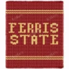 Ferris State Finger Knit Blanket Pattern - gold FERRIS STATE lettering on a crimson red background with gold team stripes, worked in stockinette colorwork intarsia with 2 colors: Red, Gold.