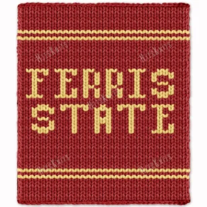 Ferris State Finger Knit Blanket Pattern - gold FERRIS STATE lettering on a crimson red background with gold team stripes, worked in stockinette colorwork intarsia with 2 colors: Red, Gold.