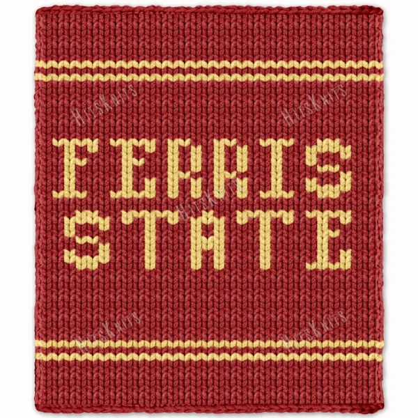 Ferris State Finger Knit Blanket Pattern - gold FERRIS STATE lettering on a crimson red background with gold team stripes, worked in stockinette colorwork intarsia with 2 colors: Red, Gold.