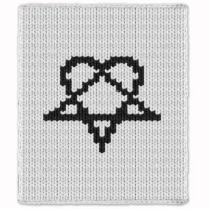 Heartagram Finger Knit Blanket Pattern - the HIM band symbol combining a heart and an inverted pentagram in black on a main-colour background, worked in stockinette colorwork intarsia with 2 colors: Main Color, Black.