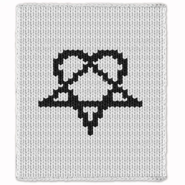 Heartagram Finger Knit Blanket Pattern - the HIM band symbol combining a heart and an inverted pentagram in black on a main-colour background, worked in stockinette colorwork intarsia with 2 colors: Main Color, Black.