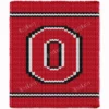 Ohio State Buckeyes Chunky Throw Knit Pattern - white block O logo outlined in black on a red background with black and white team stripes, worked in stockinette colorwork intarsia with 3 colors: Red, Black, White.