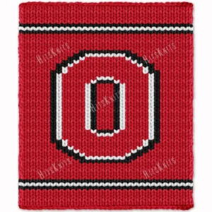 Ohio State Buckeyes Chunky Throw Knit Pattern - white block O logo outlined in black on a red background with black and white team stripes, worked in stockinette colorwork intarsia with 3 colors: Red, Black, White.