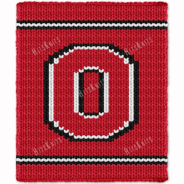 Ohio State Buckeyes Chunky Throw Knit Pattern - white block O logo outlined in black on a red background with black and white team stripes, worked in stockinette colorwork intarsia with 3 colors: Red, Black, White.