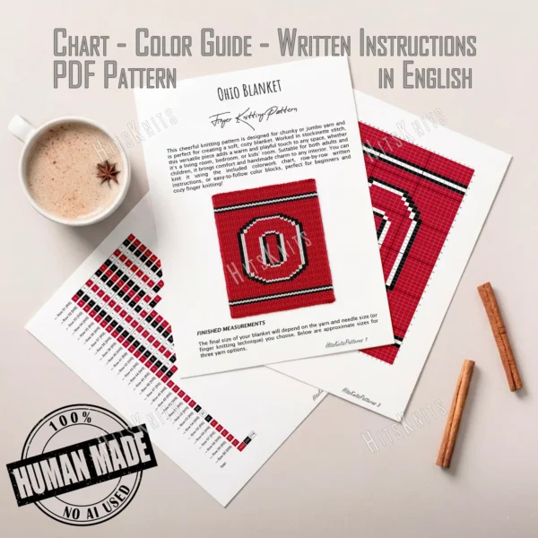 Ohio State Buckeyes Chunky Throw Knit Pattern - white block O logo outlined in black on a red background with black and white team stripes, worked in stockinette colorwork intarsia with 3 colors: Red, Black, White.