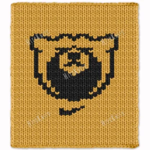 Orangeville Prep Chunky Blanket Pattern - a black bear head crest, the team's mascot logo, on a gold background, worked in stockinette colorwork intarsia with 2 colors: Gold, Black.
