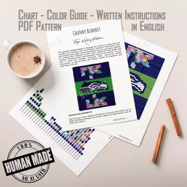 Seahawks Finger Knit Blanket Pattern - the Seattle Seahawks seahawk-head logo on a green field with Super Bowl LX 2026 emblems on a navy background, worked in stockinette colorwork intarsia with 8 colors: Navy, Green, White, Gray, Graphite, Sky, Lilac, Gold.