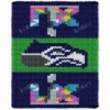 Seahawks Finger Knit Blanket Pattern - the Seattle Seahawks seahawk-head logo on a green field with Super Bowl LX 2026 emblems on a navy background, worked in stockinette colorwork intarsia with 8 colors: Navy, Green, White, Gray, Graphite, Sky, Lilac, Gold.