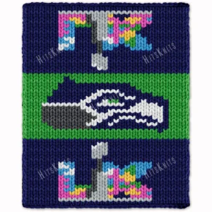 Seahawks Finger Knit Blanket Pattern - the Seattle Seahawks seahawk-head logo on a green field with Super Bowl LX 2026 emblems on a navy background, worked in stockinette colorwork intarsia with 8 colors: Navy, Green, White, Gray, Graphite, Sky, Lilac, Gold.