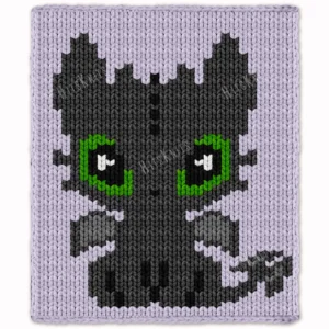 Toothless Finger Knit Blanket Pattern - cute kawaii Night Fury dragon with big lime-green eyes and folded wings on a lavender purple background, worked in stockinette colorwork intarsia with 6 colors: Graphite, Purple, Black, Lime, Gray, White.