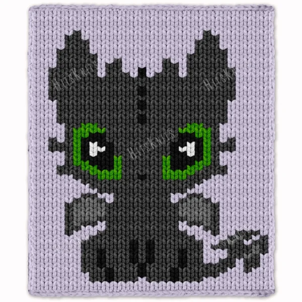 Toothless Finger Knit Blanket Pattern - cute kawaii Night Fury dragon with big lime-green eyes and folded wings on a lavender purple background, worked in stockinette colorwork intarsia with 6 colors: Graphite, Purple, Black, Lime, Gray, White.