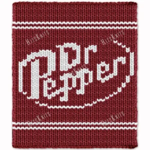 Dr Pepper Chunky Blanket Knitting Pattern - the soda brand's white script wordmark on a burgundy background with white bands, worked in stockinette colorwork intarsia with 2 colors: Burgundy, White.