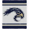 Golden Eagles Finger Knit Blanket Pattern - navy blue eagle mascot logo with gray feather shading and a gold beak on a white background with navy and yellow team-color stripes, worked in stockinette colorwork intarsia with 4 colors: White, Blue, Gray, Yellow.