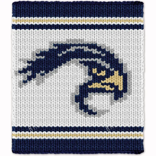 Golden Eagles Finger Knit Blanket Pattern - navy blue eagle mascot logo with gray feather shading and a gold beak on a white background with navy and yellow team-color stripes, worked in stockinette colorwork intarsia with 4 colors: White, Blue, Gray, Yellow.