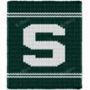 MSU Finger Knit Blanket Pattern - white block S Michigan State Spartans logo on a green background with white team stripes, worked in stockinette colorwork intarsia with 2 colors: Green, White.