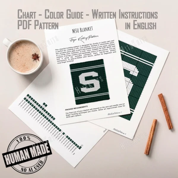 MSU Finger Knit Blanket Pattern - white block S Michigan State Spartans logo on a green background with white team stripes, worked in stockinette colorwork intarsia with 2 colors: Green, White.