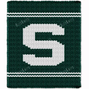 MSU Finger Knit Blanket Pattern - white block S Michigan State Spartans logo on a green background with white team stripes, worked in stockinette colorwork intarsia with 2 colors: Green, White.