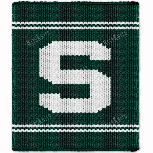 MSU Finger Knit Blanket Pattern - white block S Michigan State Spartans logo on a green background with white team stripes, worked in stockinette colorwork intarsia with 2 colors: Green, White.