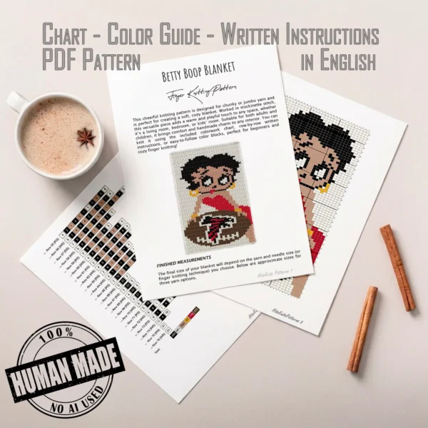 Atlanta Falcons Betty Boop Finger Throw Pattern featuring Betty Boop in her signature red dress above the Atlanta Falcons logo, worked in stockinette colorwork intarsia with 6 colors: Ivory, Black, Beige, Brown, Red, and Gold.