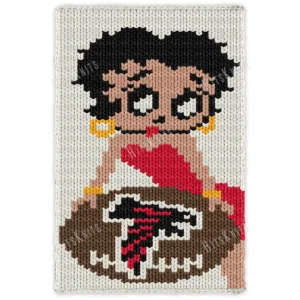 Atlanta Falcons Betty Boop Finger Throw Pattern featuring Betty Boop in her signature red dress above the Atlanta Falcons logo, worked in stockinette colorwork intarsia with 6 colors: Ivory, Black, Beige, Brown, Red, and Gold.